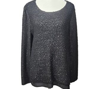 Alfani Petite Black Sequin Knit Sweater Layered Hem Scoop Neck PM Womens